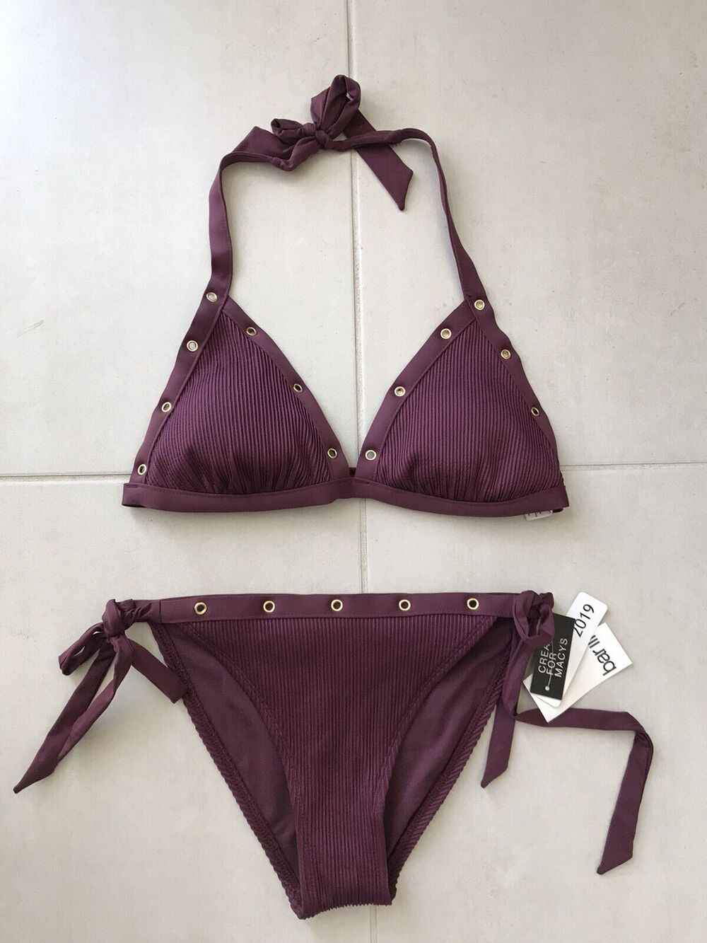 Bar III Bikini Set Ribbed Grommet Halter Padded Swimwear